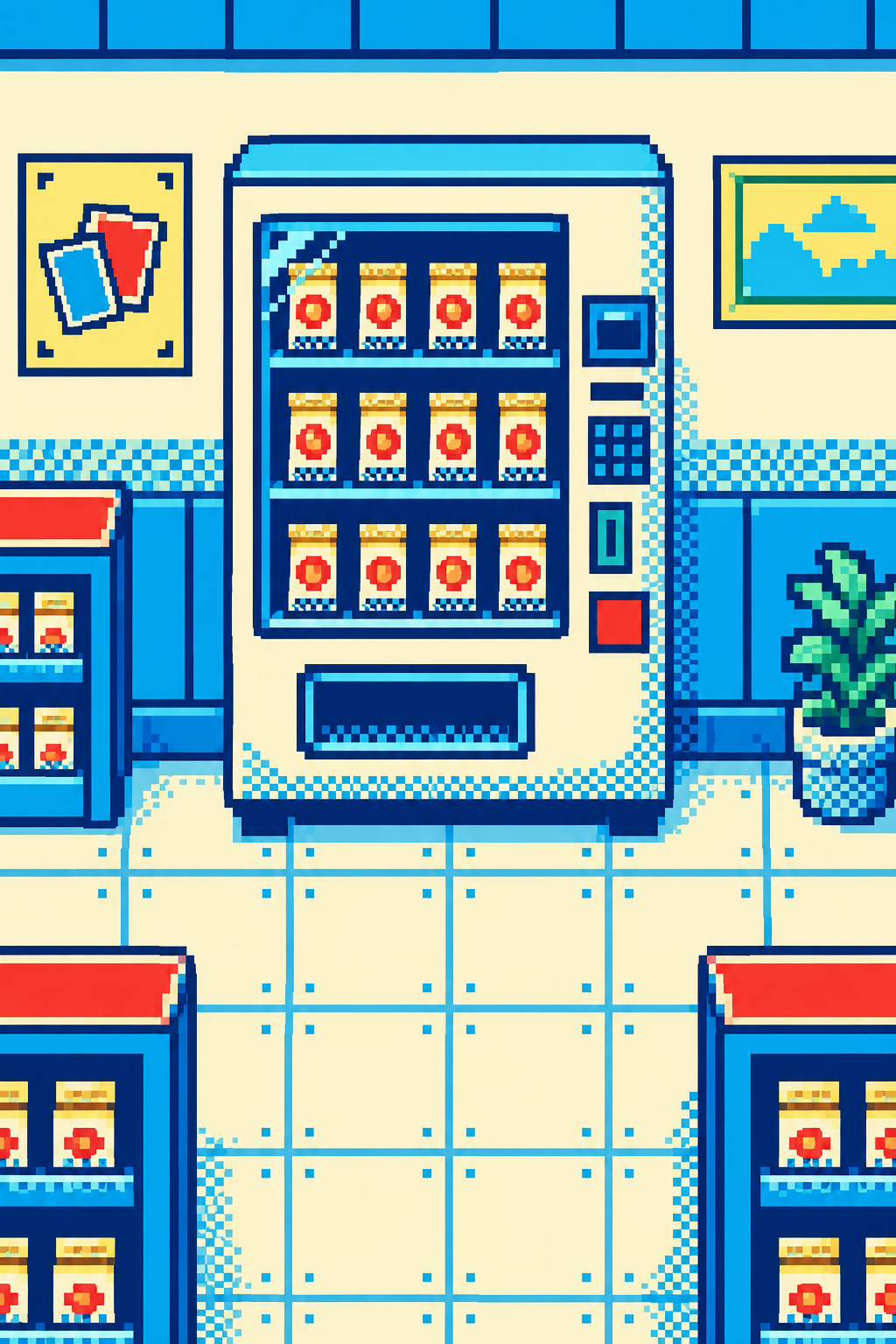 Pixel-art illustration of a colorful trading-card vending machine in a retro game shop